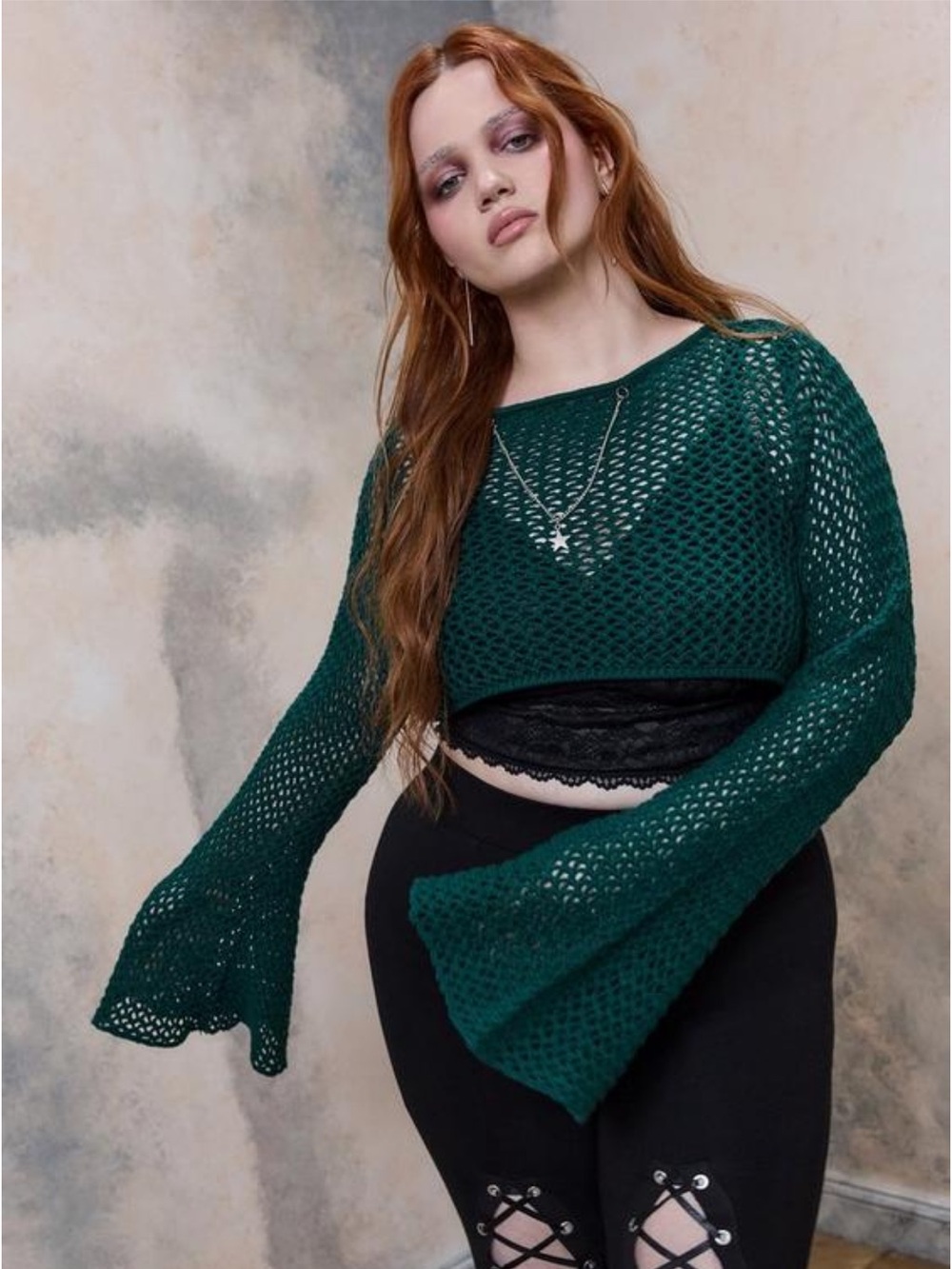 Torrid 3X Deep Green Crochet Bell-Sleeve Cropped Sweater